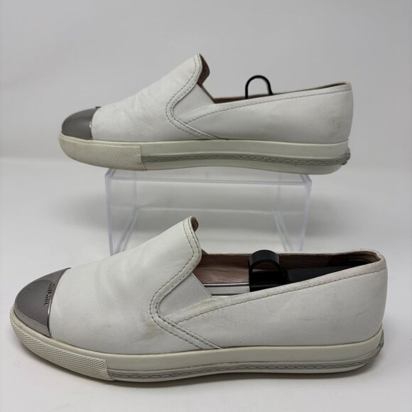 Miu Miu Metal Cap Toe Slip-On Sneakers Womens 38 1/2 - 8.5 US White Leather - Picture 4 of 13